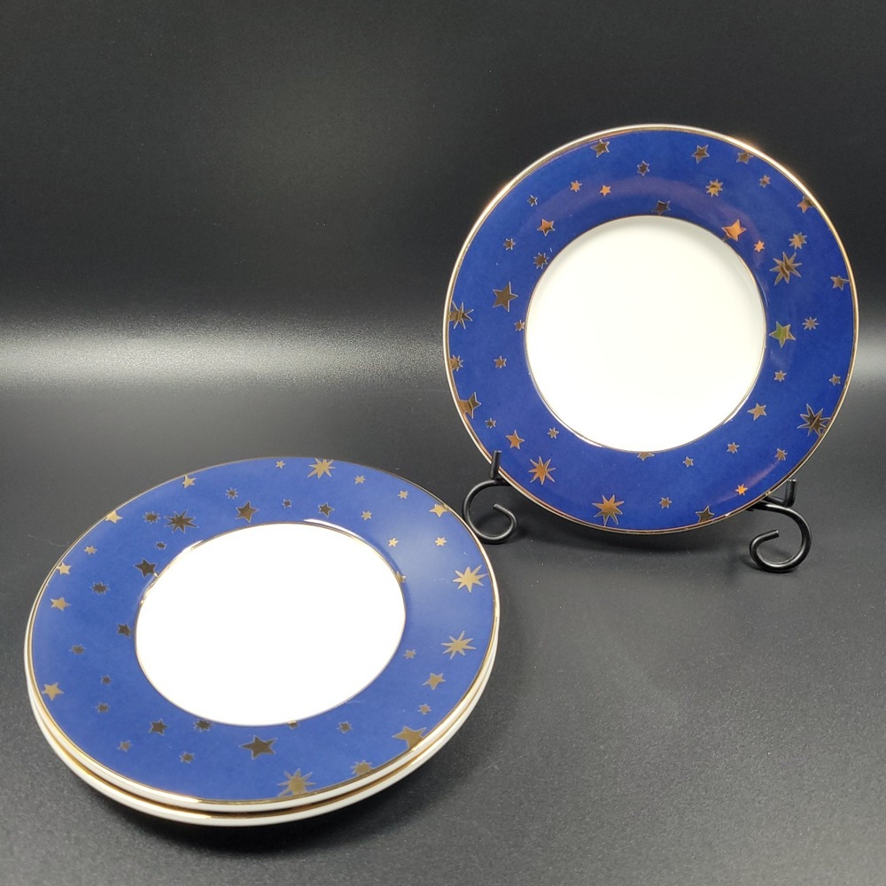 Sakura Galaxy Bread & Butter Plate 14K Gold‎ Stars Blue Trim Holiday Table Lot